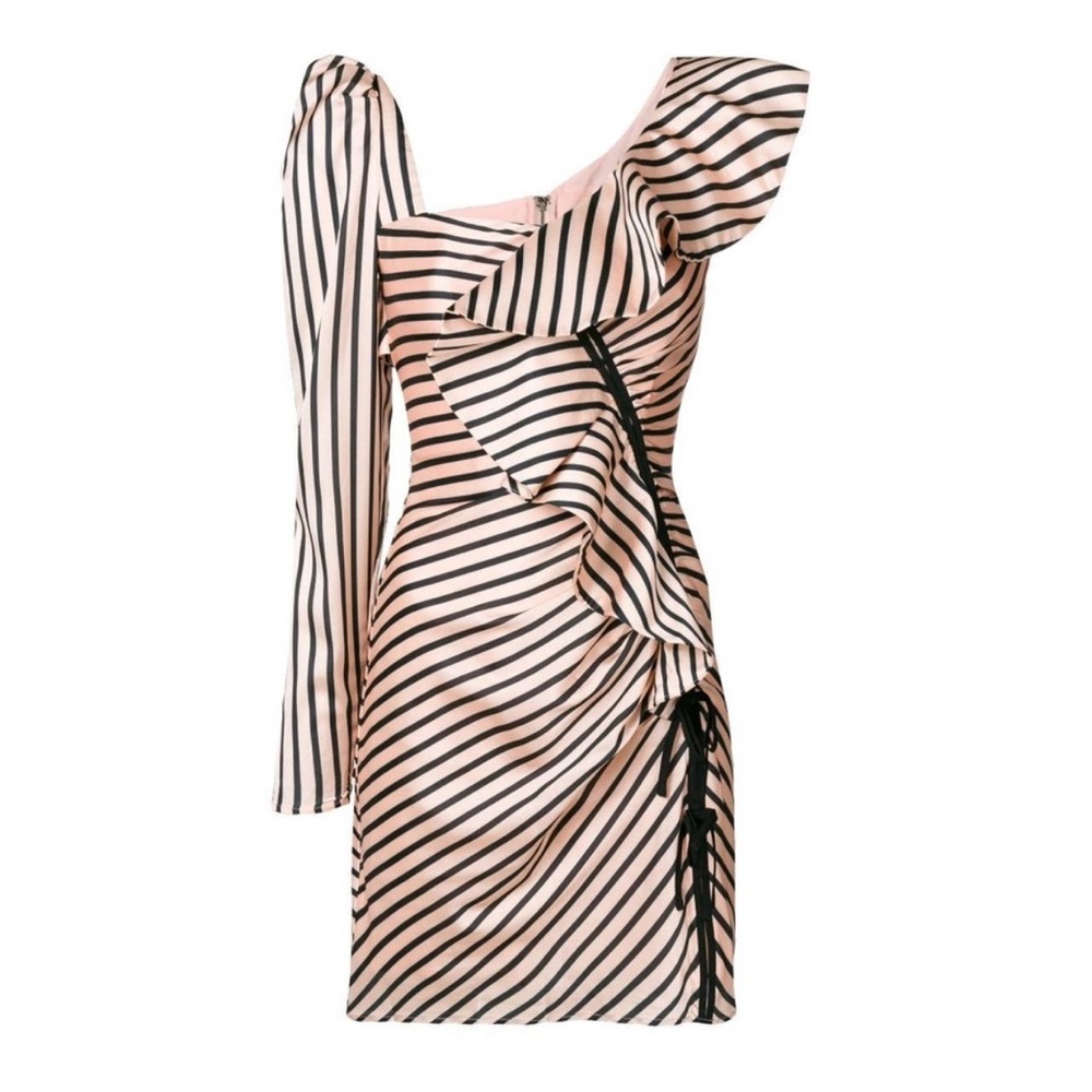 SELF-PORTRAIT Flounce Mini Ruffle Asymmetric Dress Beige and Black Stripe - US 2